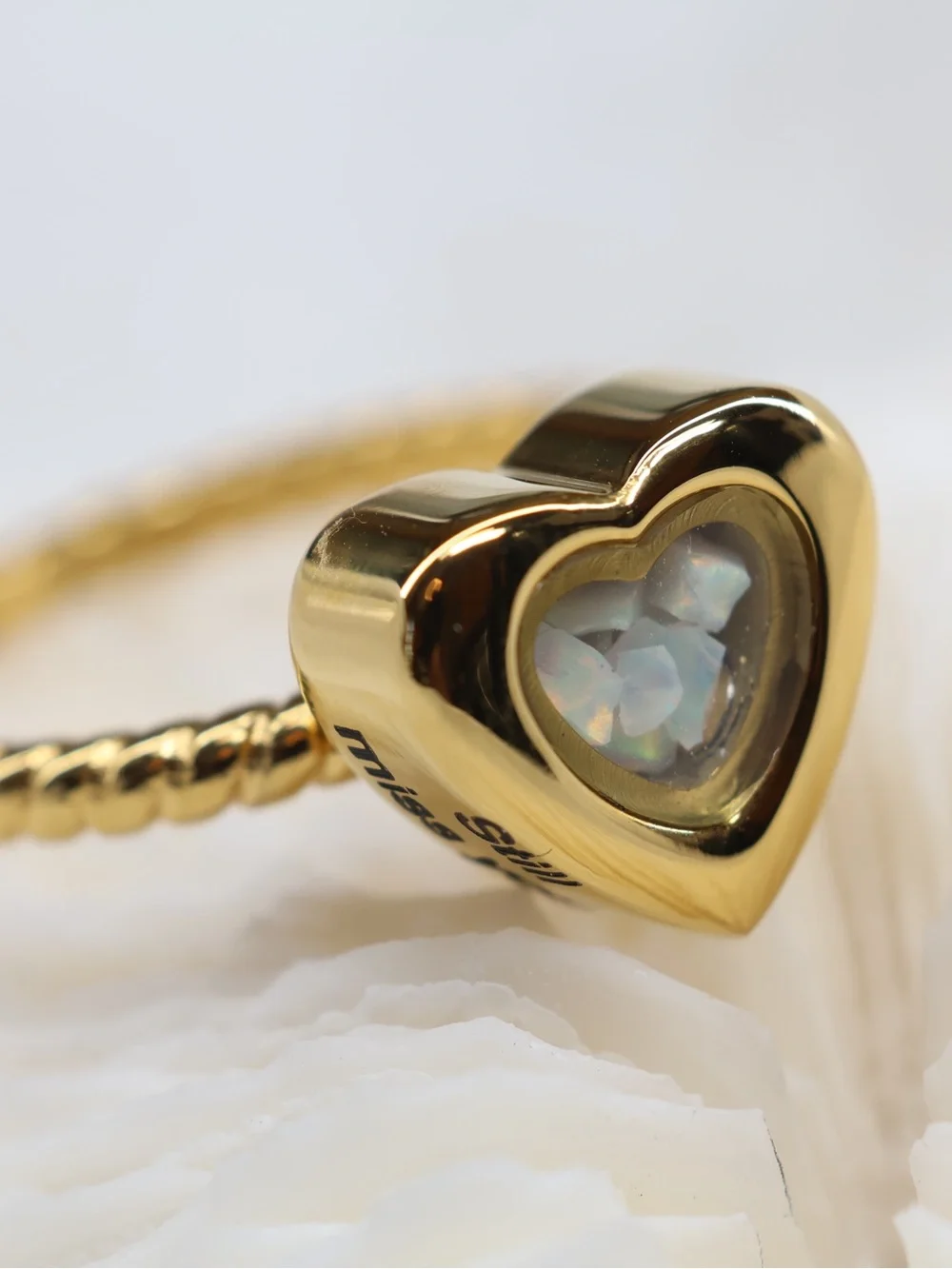 NWT Urn Ring, Gold Heart Ring with Opal-Look Inset - Still miss you Engraved Ash